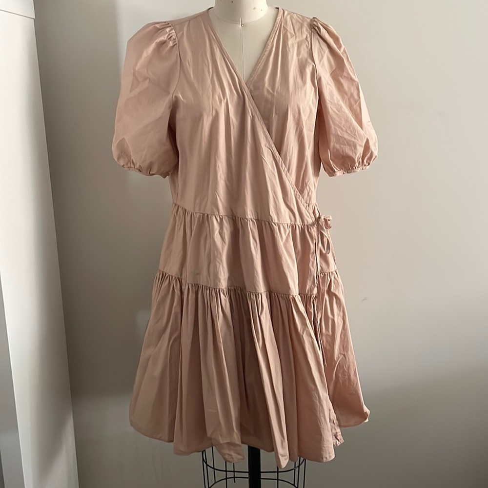 Tan Cotton Poplin Wrap Tiered Puff Sleeve Mini Dress